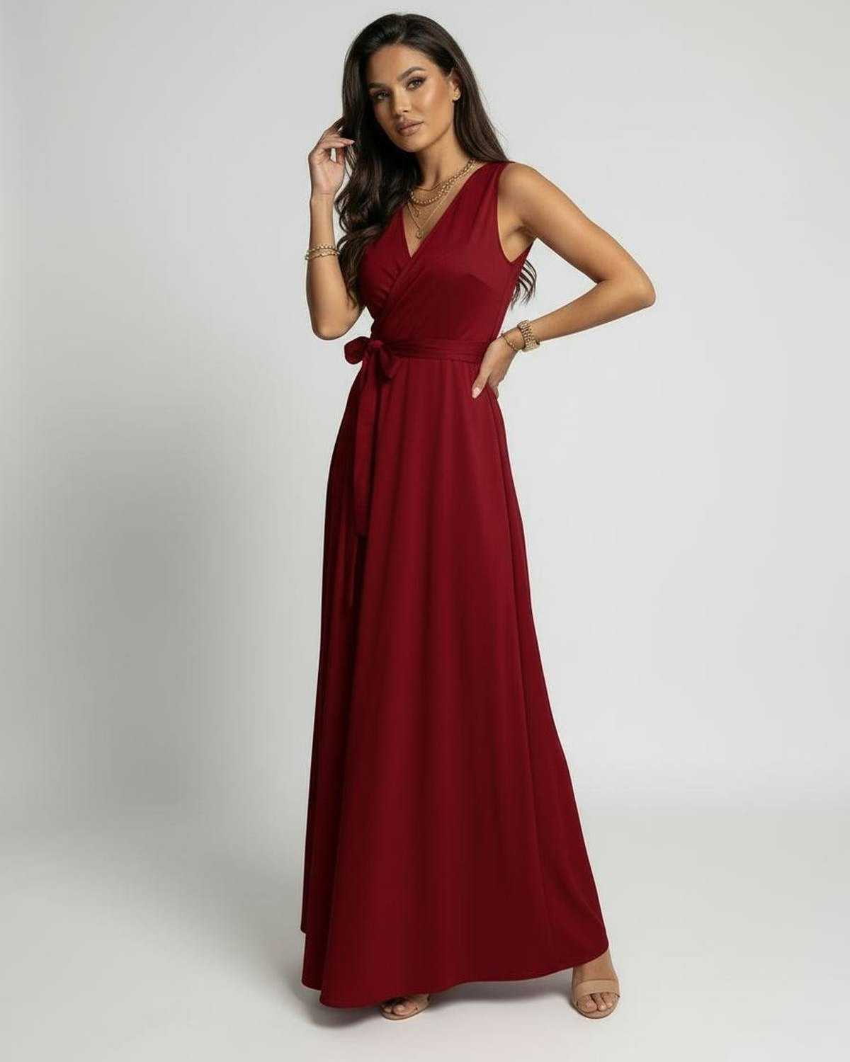 Lauven Ember Maxi Dress in vibrant red with classic V-neck silhouette, showcasing a flattering and elegant design.