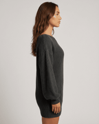 Ember Mini Dress by Lauven, showing side view of ribbed knit off-the-shoulder lantern sleeve in charcoal.