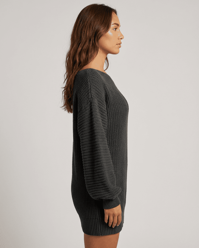 Ember Mini Dress by Lauven, showing side view of ribbed knit off-the-shoulder lantern sleeve in charcoal.