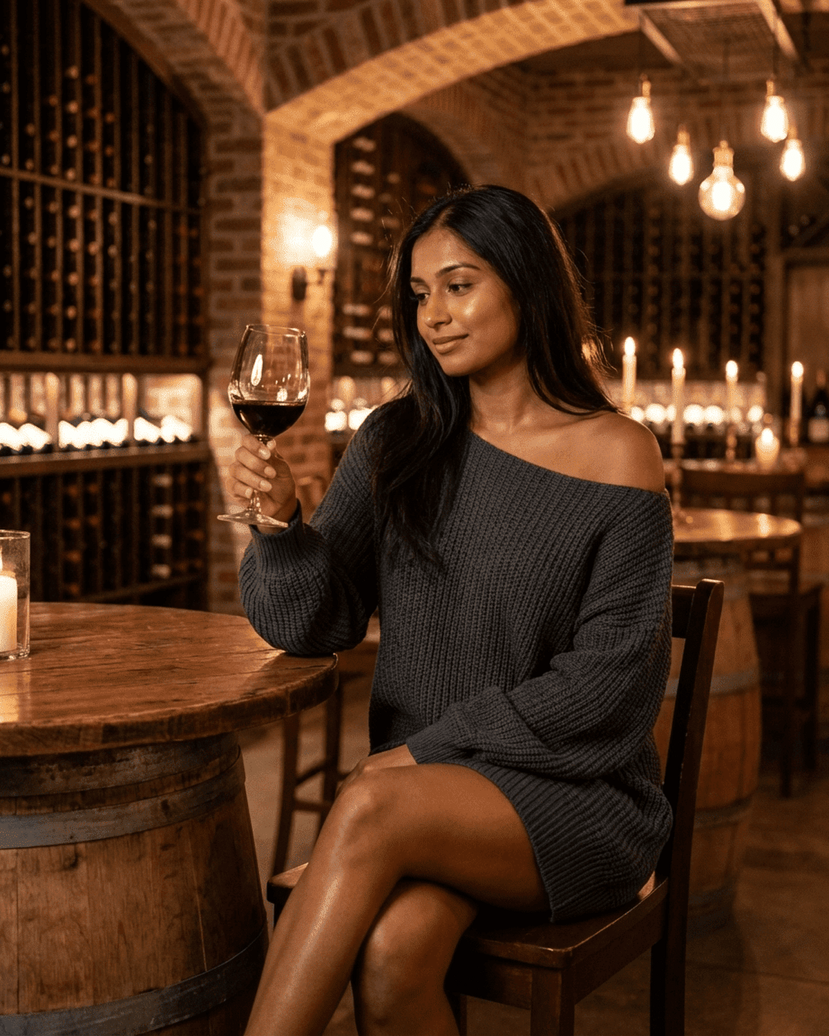 Ember Mini Dress by Lauven, featuring a model enjoying wine in a cozy, upscale wine bar setting.