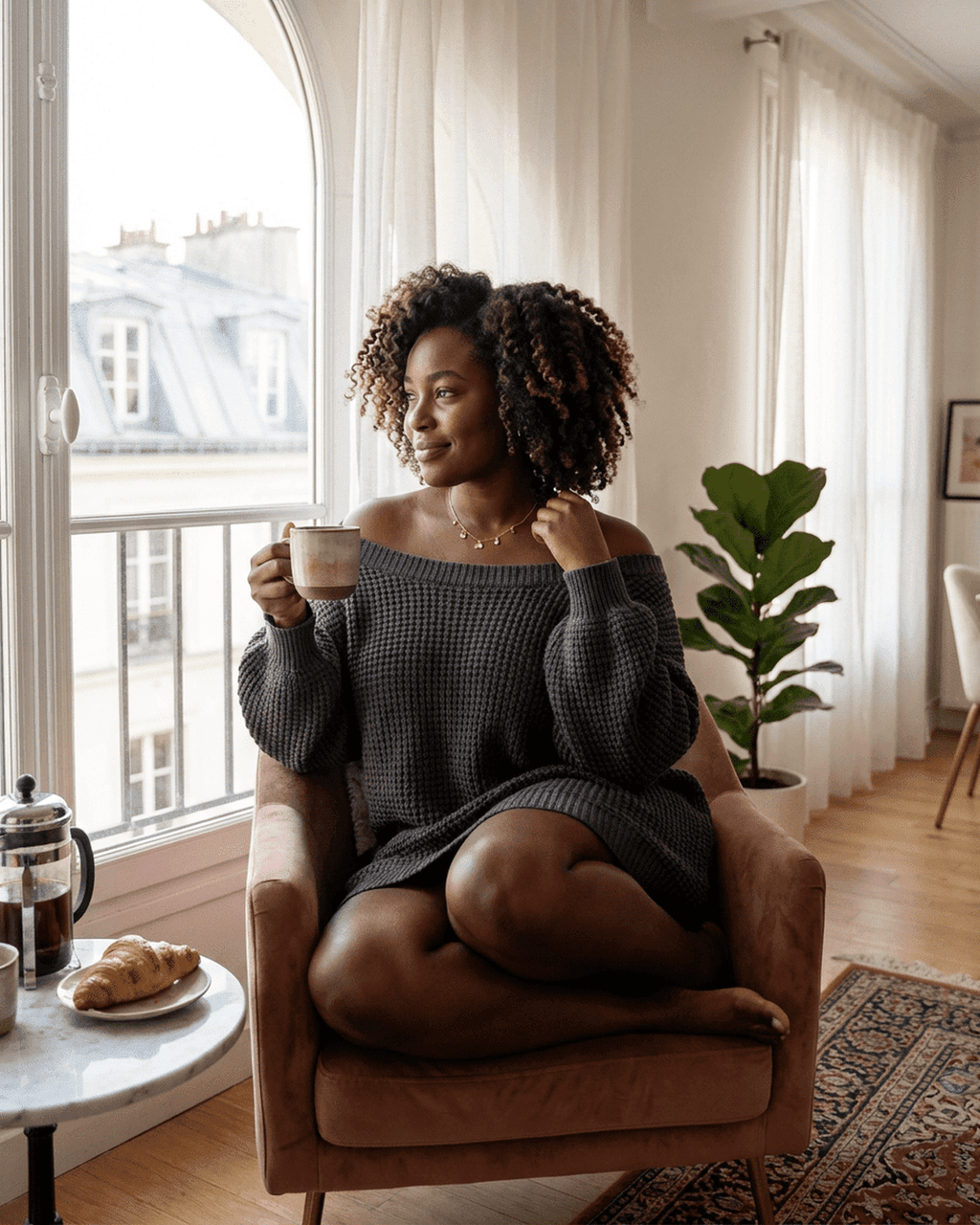 Woman in a cozy off-the-shoulder sweater enjoying coffee at home, showcasing the Ember Mini Dress from Lauven.