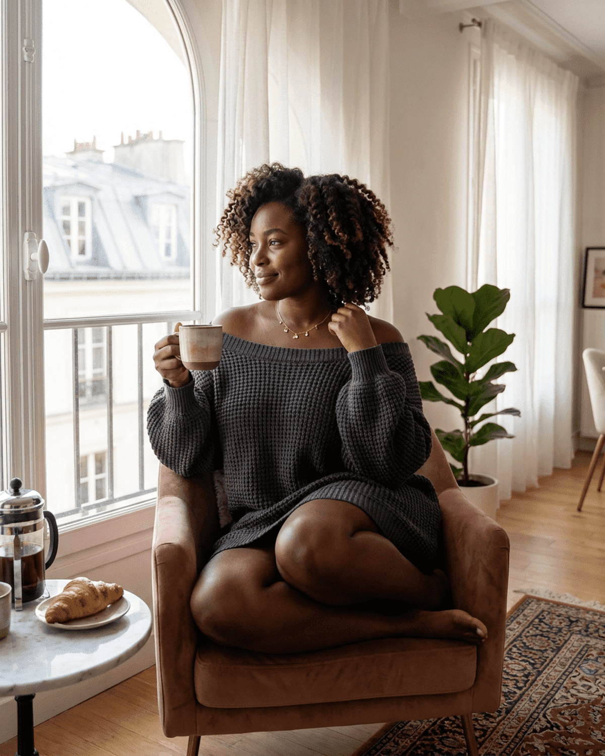 Woman in a cozy off-the-shoulder sweater enjoying coffee at home, showcasing the Ember Mini Dress from Lauven.