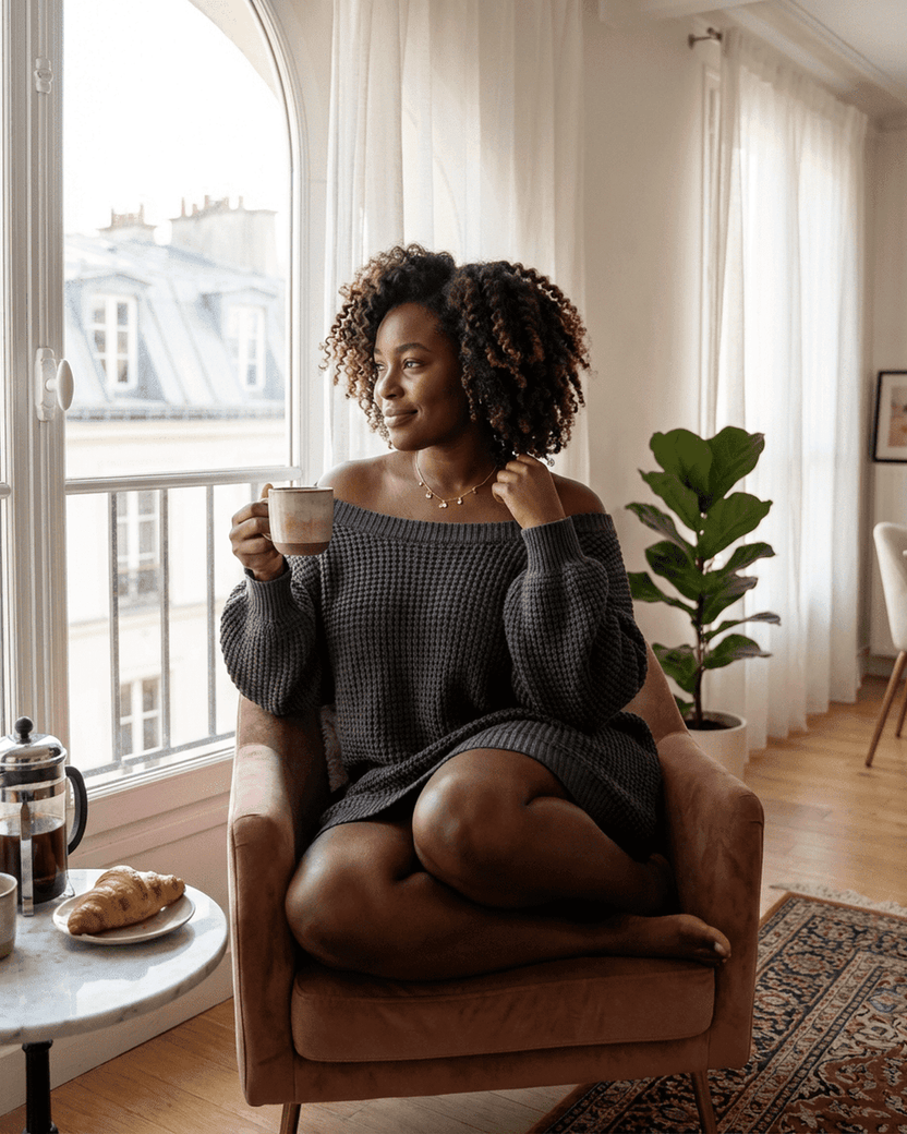Woman in a cozy off-the-shoulder sweater enjoying coffee at home, showcasing the Ember Mini Dress from Lauven.