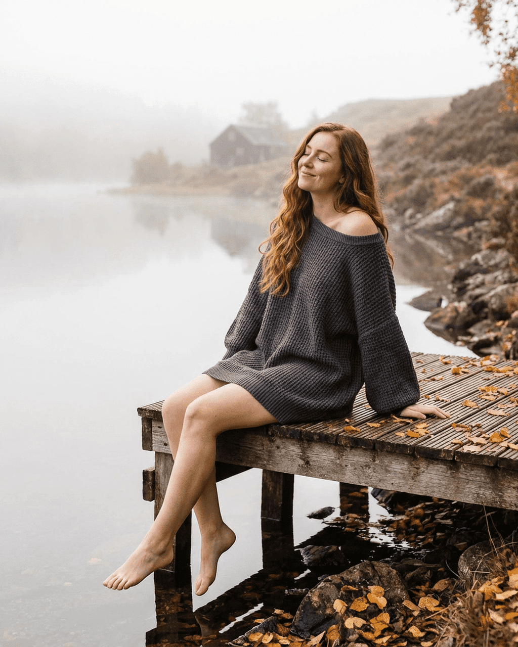 Lauven Ember Mini Dress model sitting by a lake, showcasing the cozy charcoal ribbed knit fabric and off-the-shoulder design.
