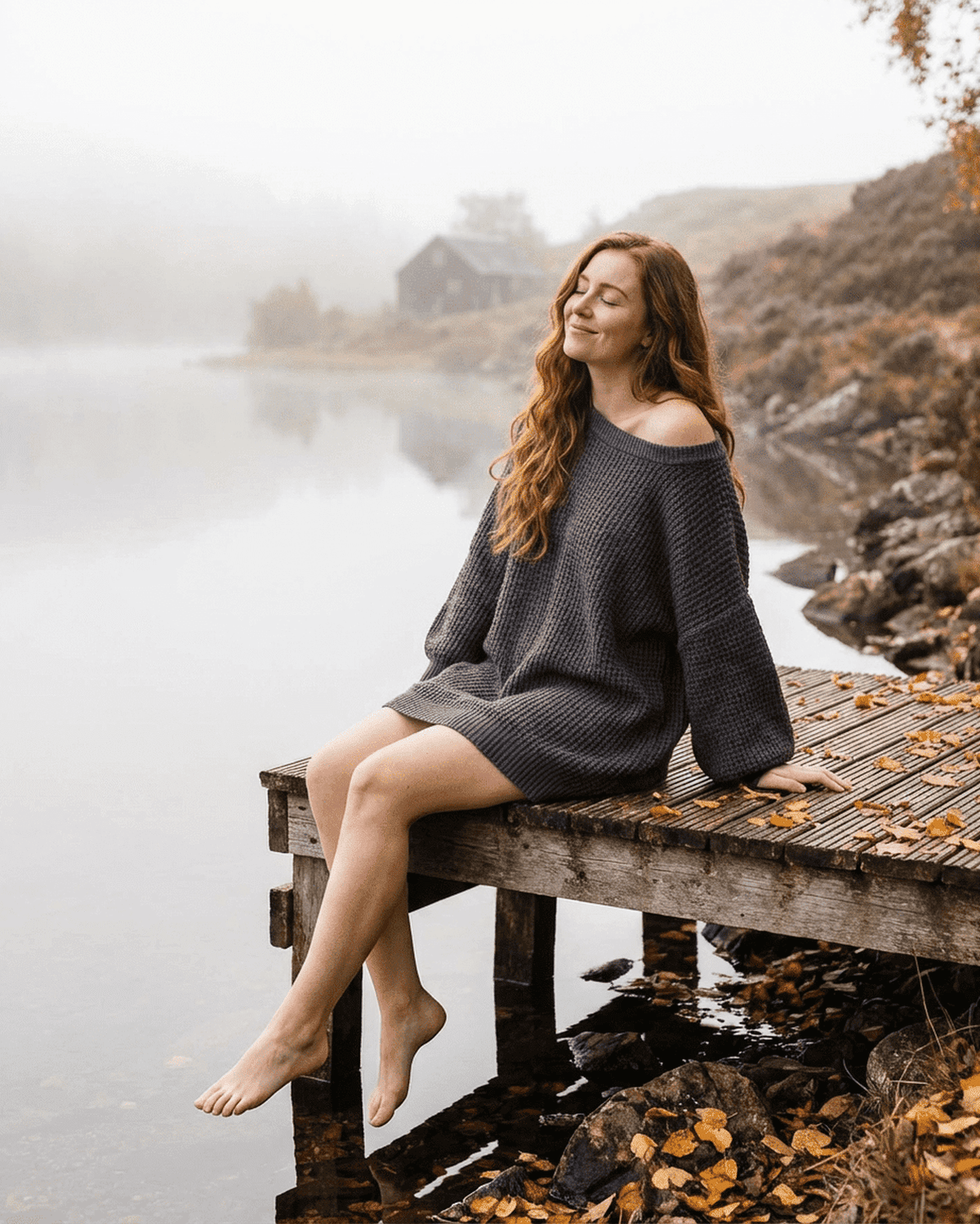 Lauven Ember Mini Dress model sitting by a lake, showcasing the cozy charcoal ribbed knit fabric and off-the-shoulder design.