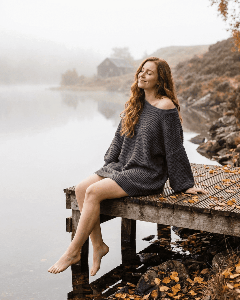 Lauven Ember Mini Dress model sitting by a lake, showcasing the cozy charcoal ribbed knit fabric and off-the-shoulder design.