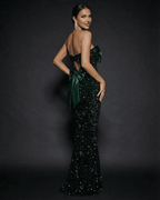 Emerald Maxi Dress by Lauven, featuring a strapless design, sequin embellishments, and a bold satin bow.