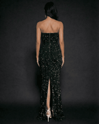 Back view of the Emerald Maxi Dress by Lauven, showcasing its strapless design and shimmering sequins.