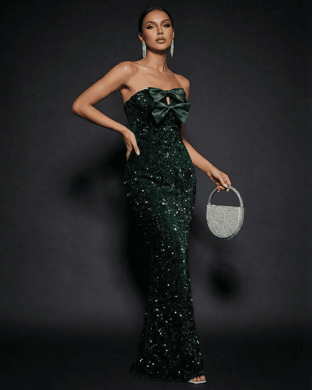Emerald Maxi Dress by Lauven - Strapless design with bow and sequins, perfect for elegant party occasions.