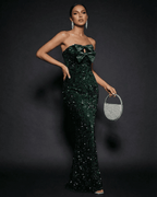 Emerald Maxi Dress by Lauven - Strapless design with bow and sequins, perfect for elegant party occasions.