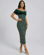 Emerald Midi Dress by Lauven - Green off shoulder velvet sequin dress with a captivating silhouette.