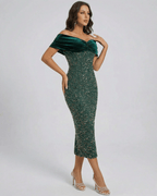 Emerald Midi Dress by Lauven - Elegant off shoulder green velvet sequin design showcasing a flattering silhouette.