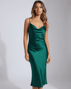 Emerald Midi Dress by Lauven – Elegant green satin dress showcasing a soft draped cowl neckline.