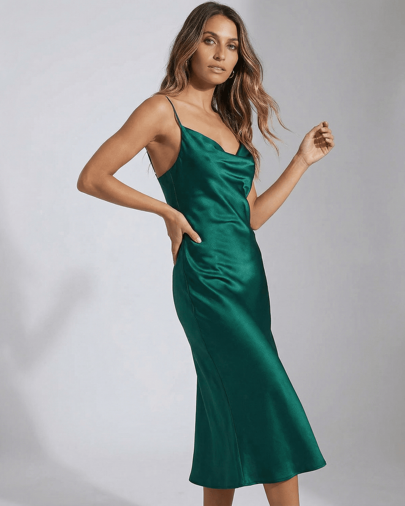 Emerald Midi Dress by Lauven – Elegant green satin midi dress with cowl neckline for wedding guests.
