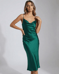 Emerald Midi Dress by Lauven, featuring a sleek green satin design with a cowl neckline for elegant evening wear.