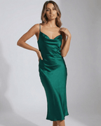 Emerald Midi Dress by Lauven, featuring a sleek green satin design with a cowl neckline for elegant evening wear.