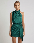 Emerald Mini Dress by Lauven – Dark green satin dress with high neck and wrap tie detail.