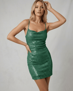 Emerald Mini Dress by Lauven, featuring luxurious green sequin fabric and a sleek cami silhouette.