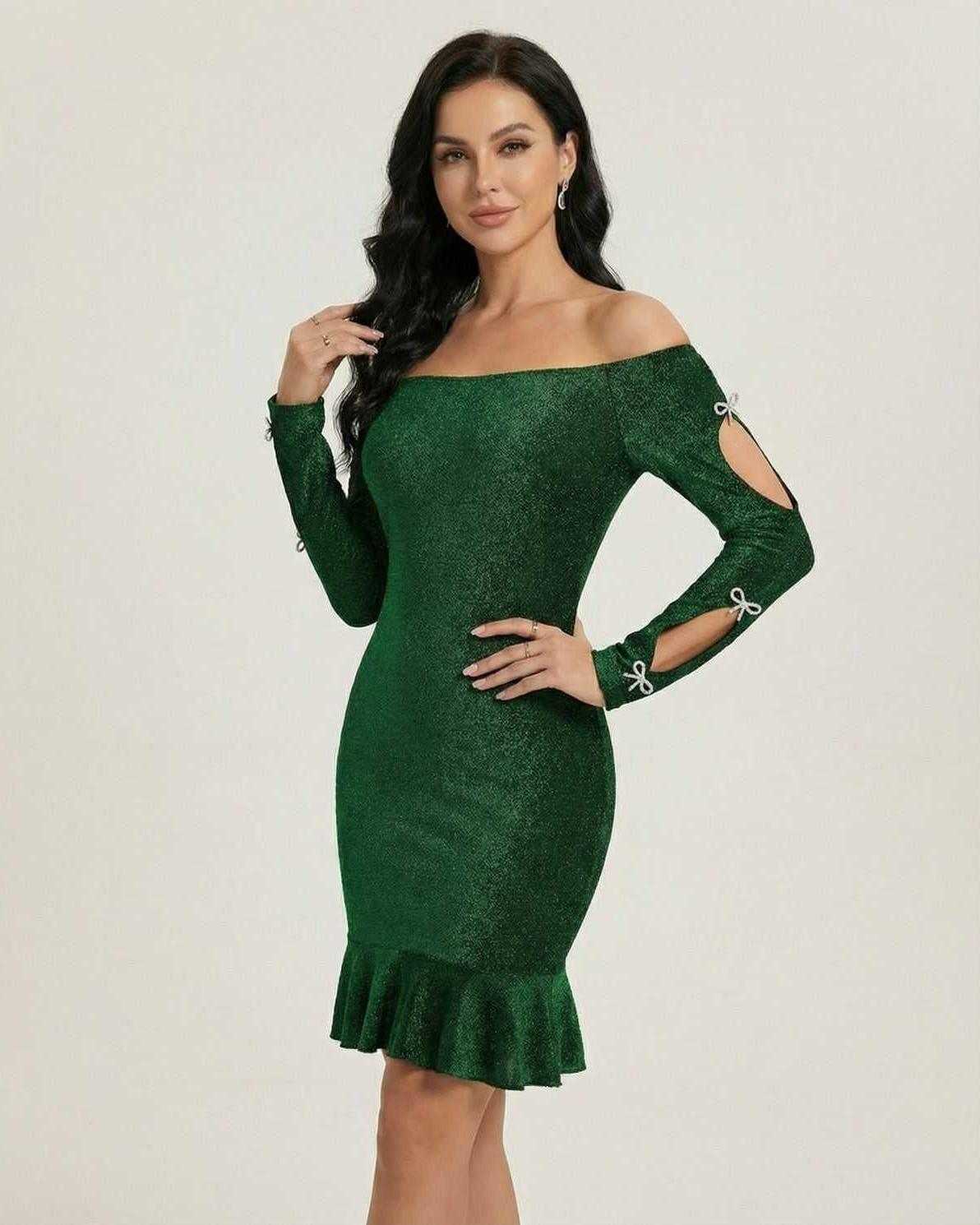 Lauven Emerald Mini Dress featuring off-the-shoulder design, cutout details, and ruffled hem in deep green shimmer fabric.