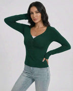 Emerald Pullover by Lauven – Women's slim fit V-neck long sleeve pullover with button detail and ruching.