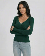 Emerald Pullover by Lauven – Women’s Slim Fit V-Neck Long Sleeve Pullover with Button Detail in green.