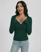 Emerald Pullover by Lauven – Women’s Slim Fit V-Neck Long Sleeve Sweater with Button Detail