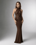 Espresso Maxi Dress by Lauven - Brown Halter Neck Maxi Dress with Lace Bodice & Open Back
