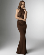 Espresso Maxi Dress by Lauven – Brown halter neck with lace bodice and open back for an elegant silhouette.