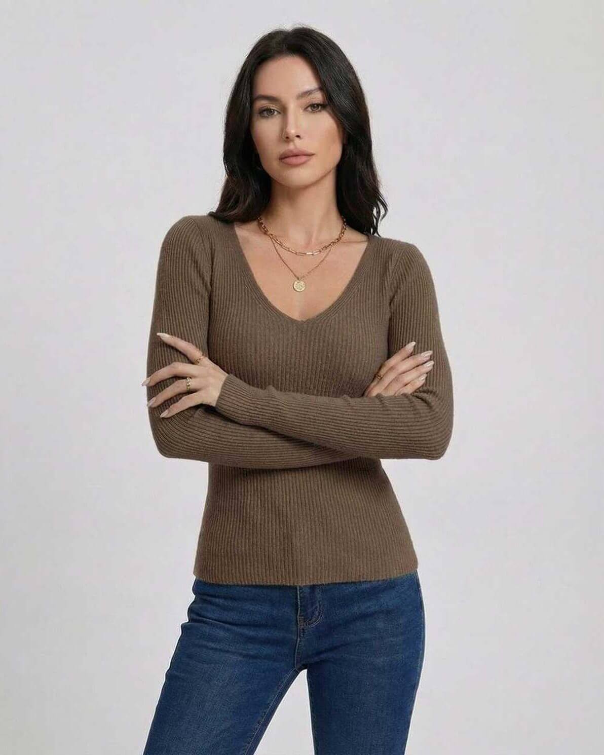 Espresso Pullover by Lauven - Women’s V-Neck Slim Fit Long Sleeve Sweater in ribbed texture.