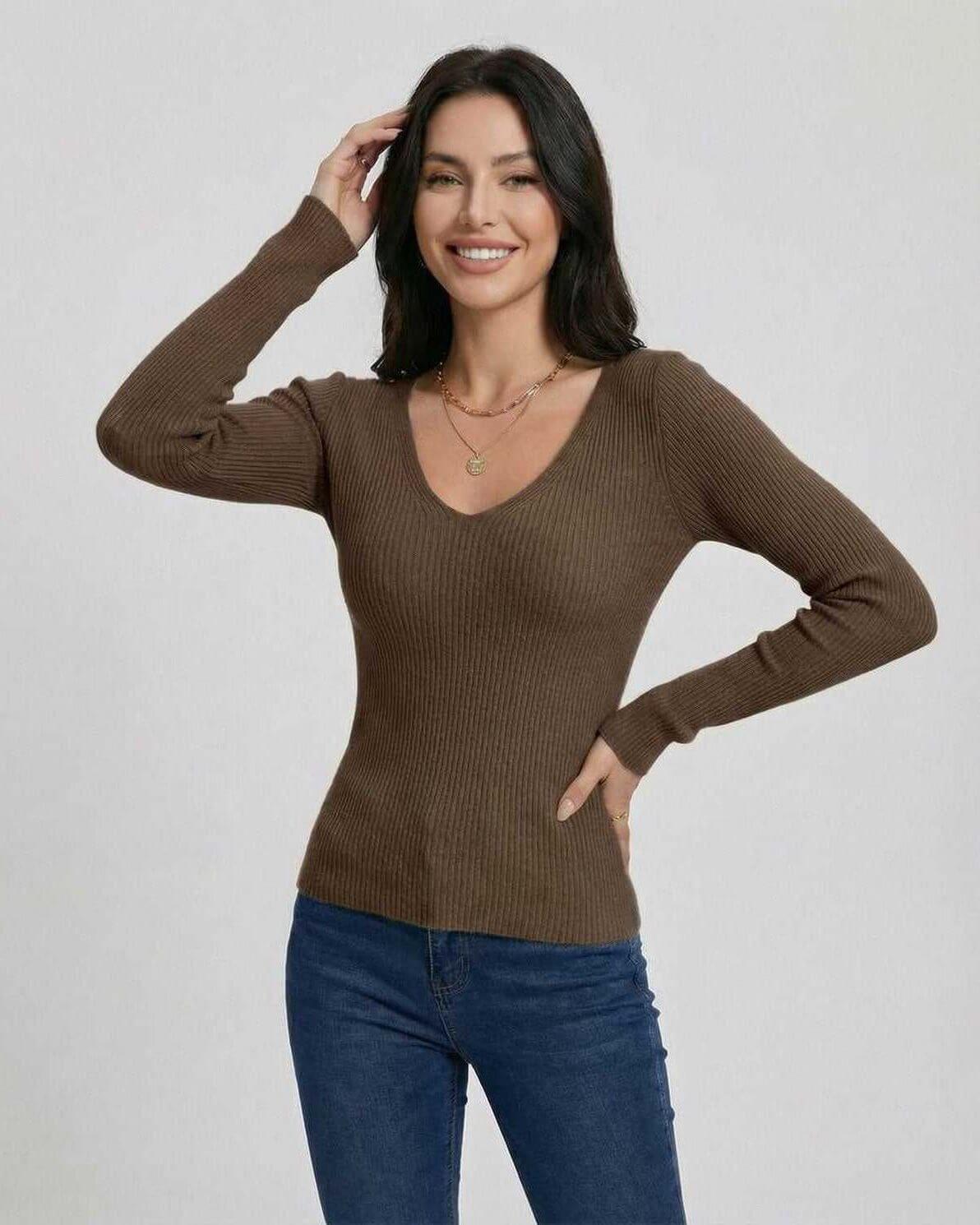 Espresso Pullover - Women’s V-Neck Pullover Sweater by Lauven, Slim Fit and Long Sleeve, Ideal for Casual and Workwear