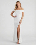 Étoile Maxi Dress by Lauven - Off-shoulder white crepe dress with elegant side slit for formal occasions.