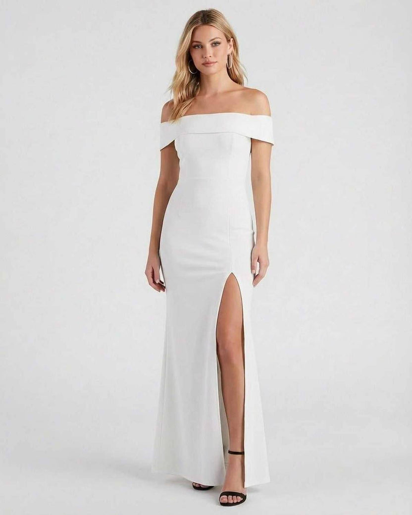 Étoile Maxi Dress by Lauven - Off Shoulder Crepe Maxi Dress with Elegant Side Slit