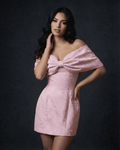Fiora Mini Dress by Lauven featuring a bowknot off-the-shoulder detail in soft pink fabric.