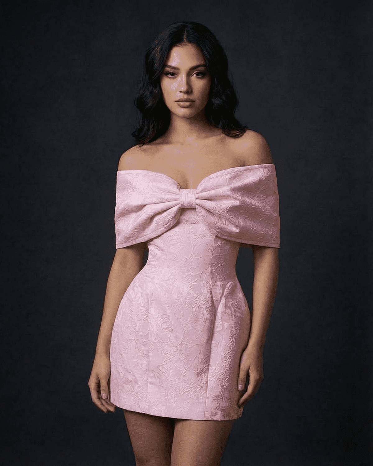 Fiora Mini Dress by Lauven featuring a bowknot off-the-shoulder design in a soft pink hue.