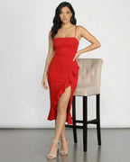 Flamora Midi Dress by Lauven, featuring a red ruffled midi design with a square neckline and asymmetrical hem.