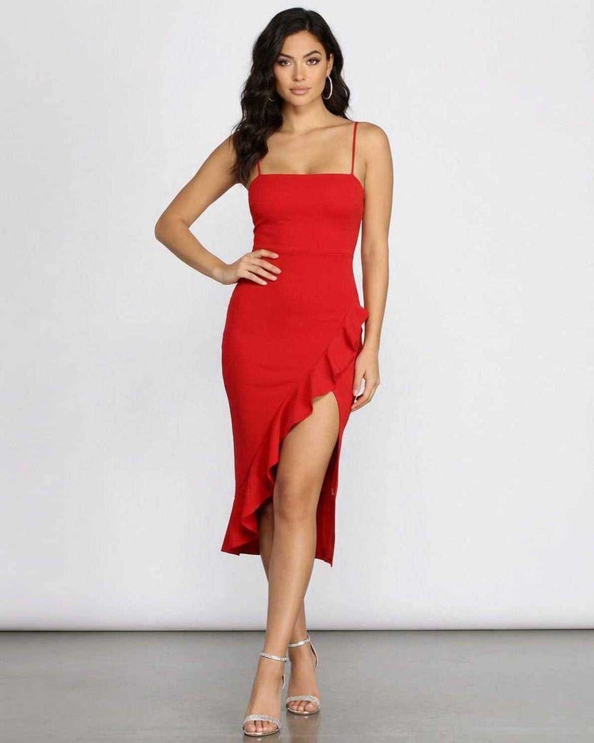 Flamora Midi Dress by Lauven, ruffled red midi dress with square neckline and asymmetrical hem.