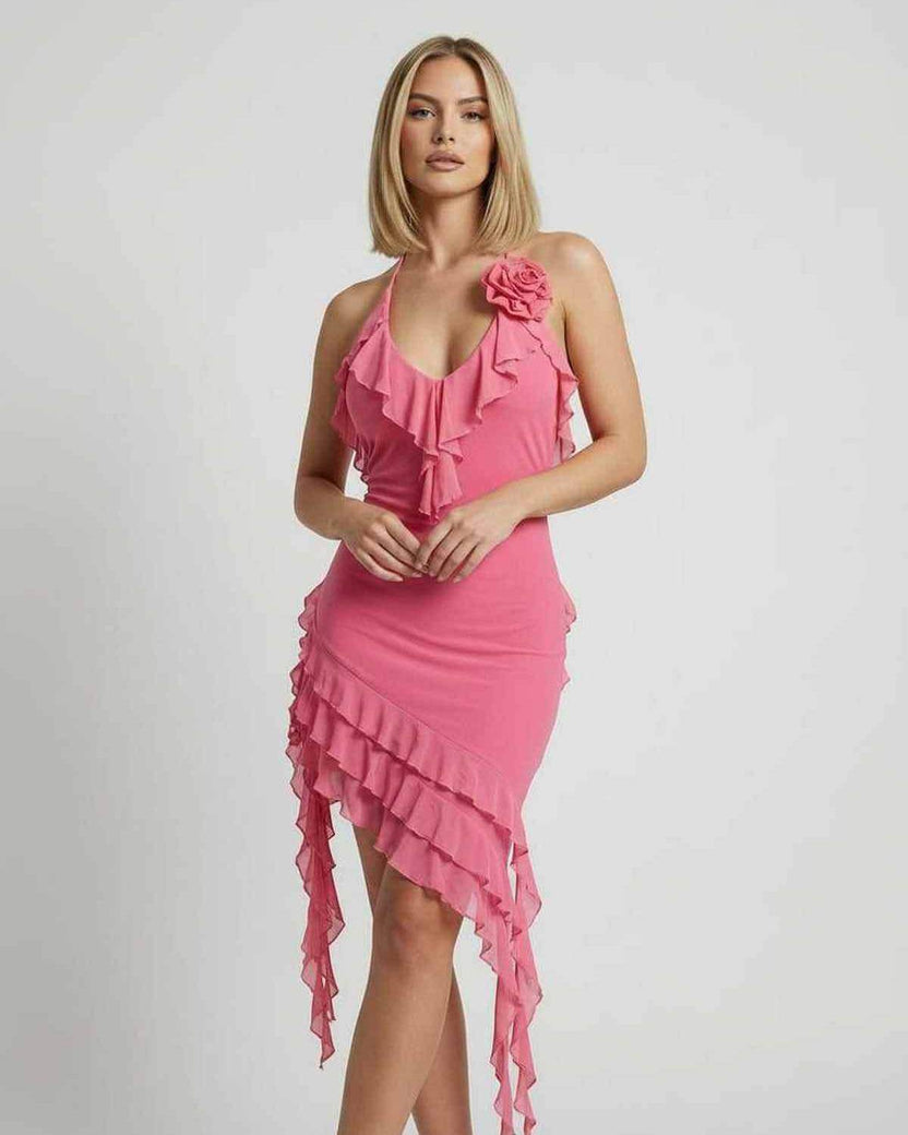 Flora Mini Dress by Lauven in soft pink with ruffle detail and a halter-neck design, perfect for summer elegance.