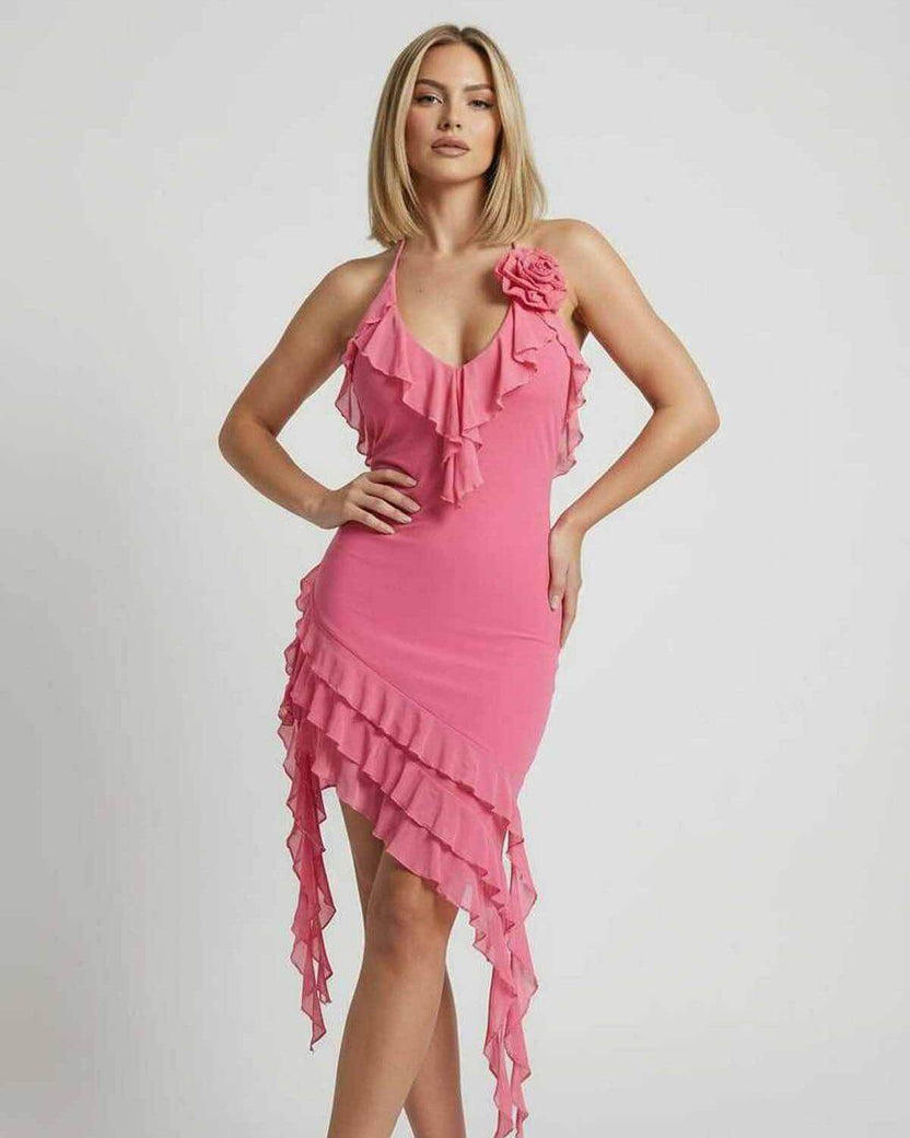 Flora Mini Dress by Lauven, soft pink, ruffle detail, halter neck, summer elegance, romantic sheath silhouette.