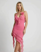 Flora Mini Dress by Lauven in soft pink with ruffle detail and halter neck, ideal for summer elegance.