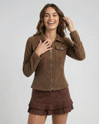 Florence Jacket - Lauven Women's Brown Corduroy Jacket with Zipper, tailored slim fit silhouette.