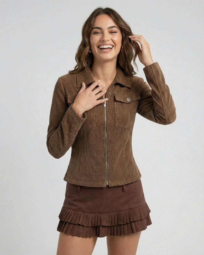 Florence Jacket - Lauven Women's Brown Corduroy Jacket with Zipper, tailored slim fit silhouette.