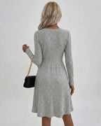 Florence Midi Dress by Lauven, women's grey midi dress with long sleeves and V-neck, showcasing a flattering A-line silhouette.
