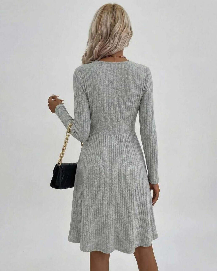 Florence Midi Dress by Lauven, women's grey midi dress with long sleeves and V-neck, showcasing a flattering A-line silhouette.