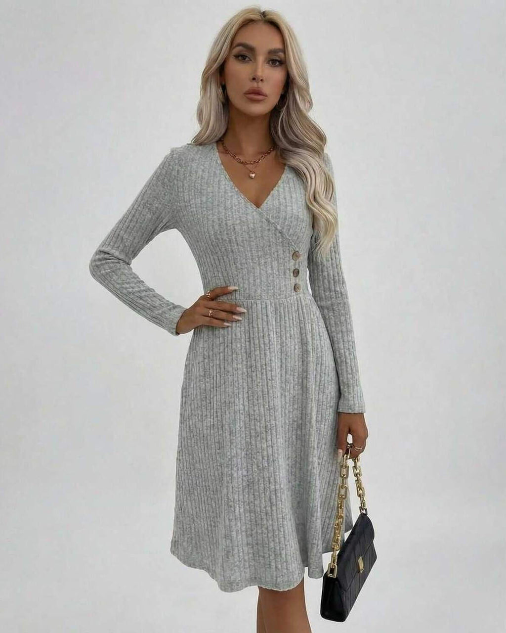 Florence Midi Dress by Lauven – Women’s grey midi dress with long sleeves and V-neck detail, showcasing elegance.