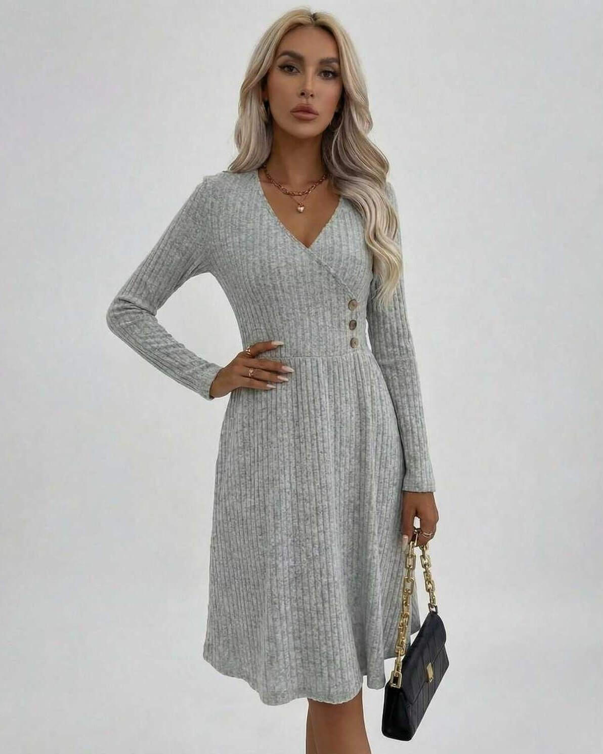 Florence Midi Dress by Lauven – Women’s grey midi dress with long sleeves and V-neck detail, showcasing elegance.