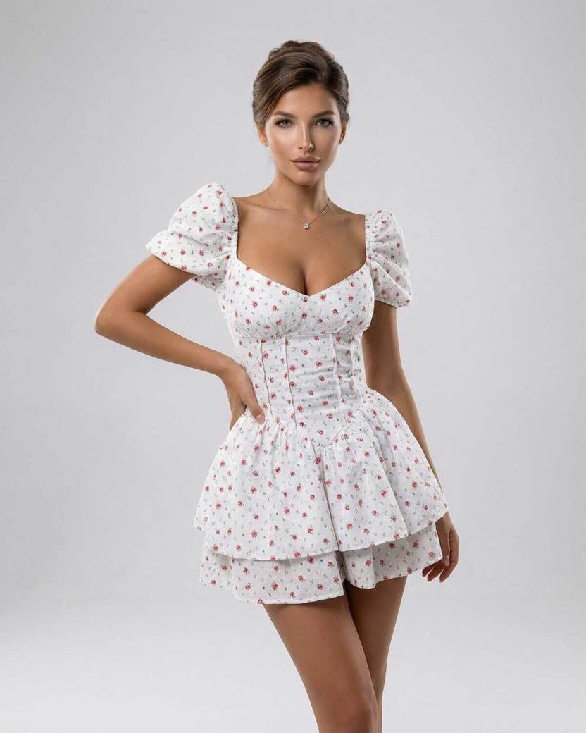 Florence Mini Dress by Lauven – Floral print A-line mini dress with puff sleeves and V-neck.