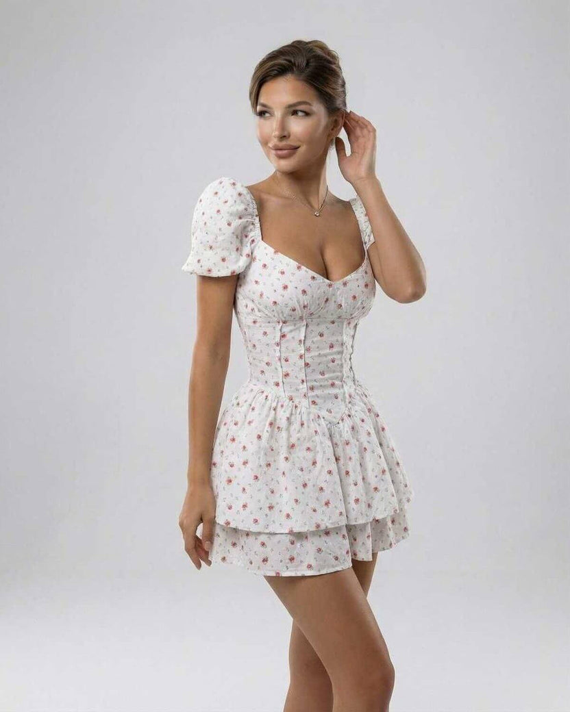 Florence Mini Dress by Lauven, floral print A-line mini dress with puff sleeves and V-neck detail.