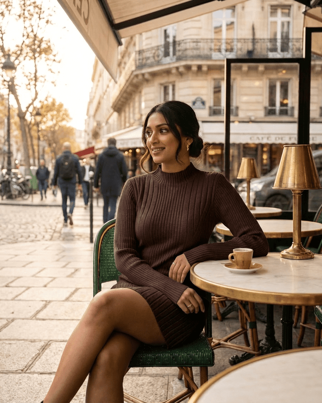 Florence Mini Dress by Lauven, ribbed knit, mock neck, long sleeve, A-line silhouette, elegant cafe setting.