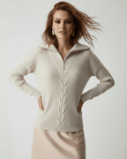 Florence Sweater by Lauven - Women’s beige zip neck ribbed knit sweater with elegant design.
