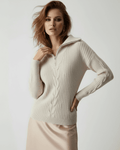 Florence Sweater by Lauven - Women’s beige zip neck knit sweater with ribbed texture, perfect for fall and winter.